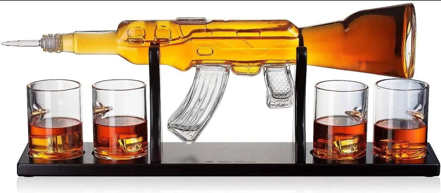 AK 47 Rifle Whiskey Decanter with 4 Whiskey Bullet Glasses 1000ml - Whisky & Wine Decanters Australia