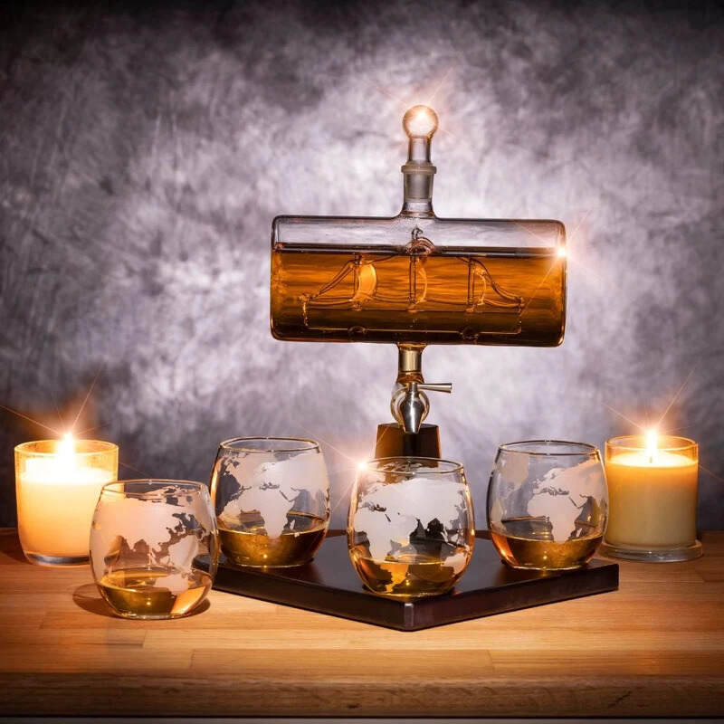 Sailboat Decanter 1000ml with Antique Ship and 4 Etched Whiskey Glasses - Whisky & Wine Decanters Australia
