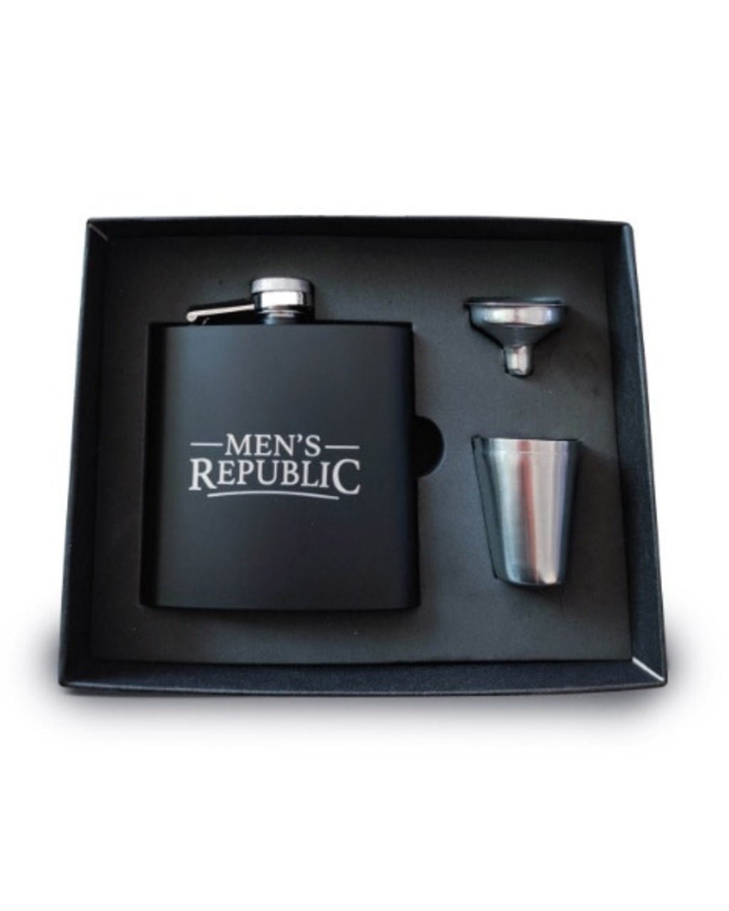 Men's Republic Hip Flask, Funnel and 2 Cups - Silver/Blk - Whisky & Wine Decanters Australia