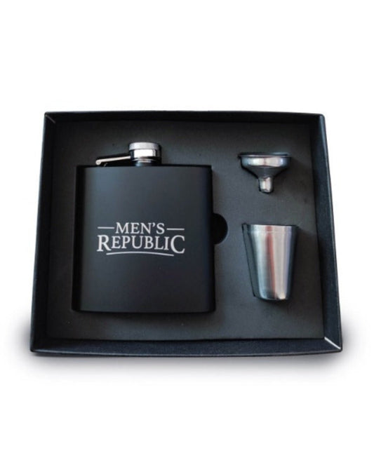Men's Republic Hip Flask, Funnel and 2 Cups - Silver/Blk - Whisky & Wine Decanters Australia